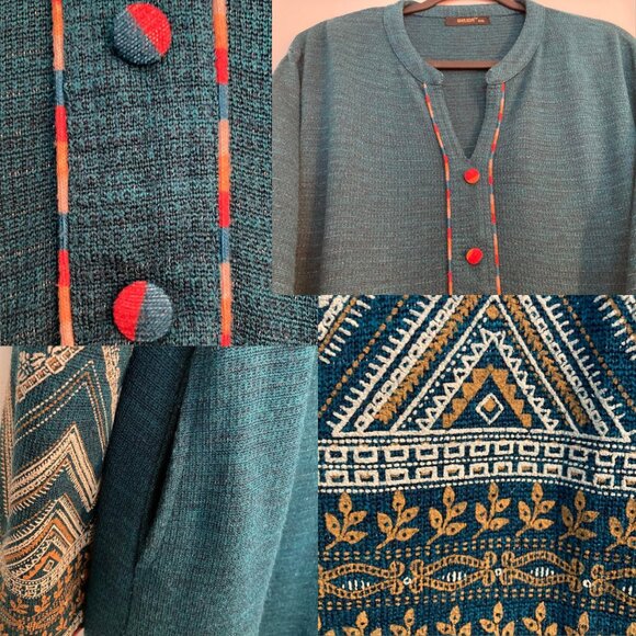 Beliza Teal Knit Ethnic Tunic Dress Metallic Thread, Boho Chic - Picture 11 of 13